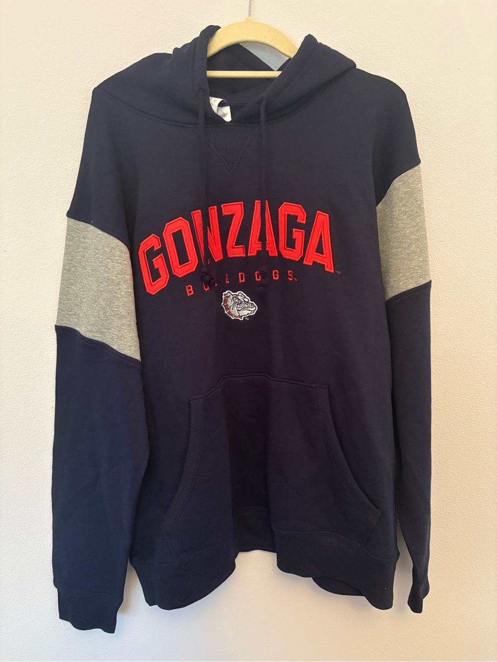 Champion Gonzaga Navy Hoodie with Gray Sleeve Panels and Red Logo